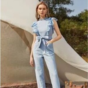 Eyelet Embroidered Ruffle Trim Belted Jumpsuit